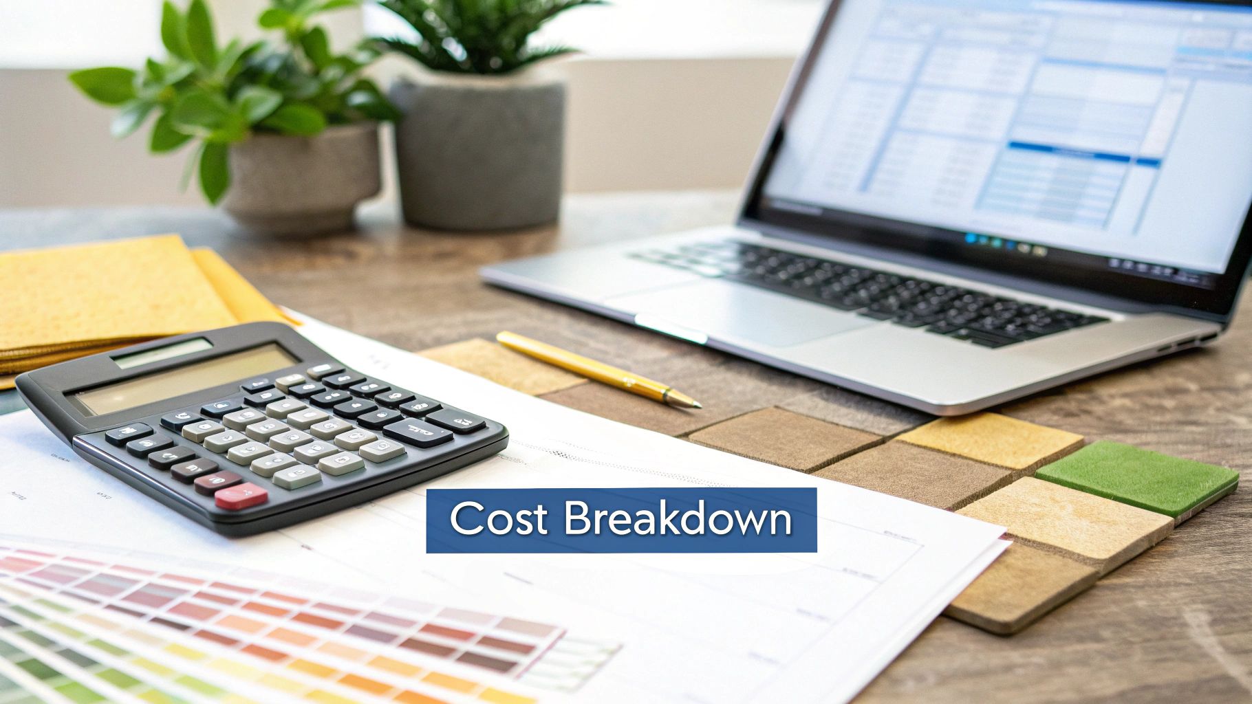 A desk with a calculator, laptop showing a spreadsheet, design swatches, and a 'Cost Breakdown' overlay.