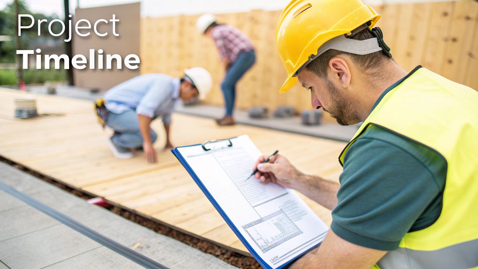 A construction manager in a hard hat reviews a clipboard with project plans on a building site.