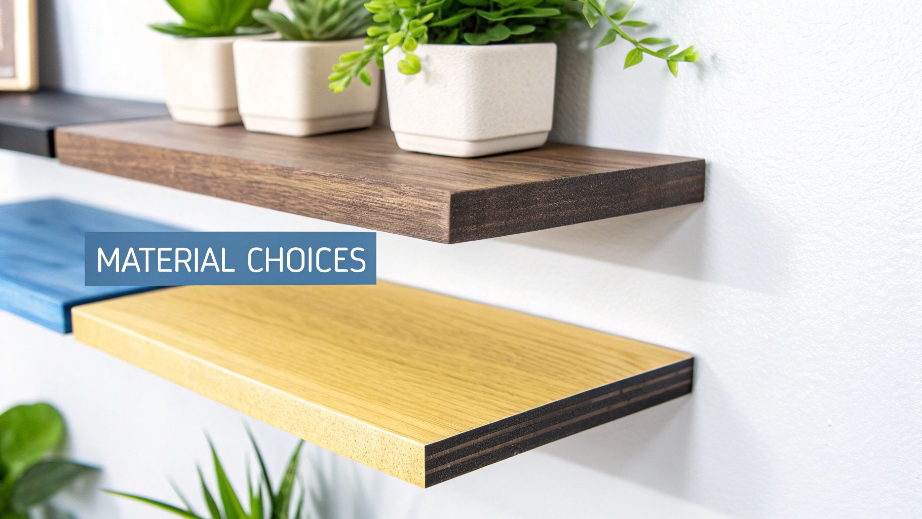 Modern floating shelves in various material choices and colors, including wood, blue, and black finishes.