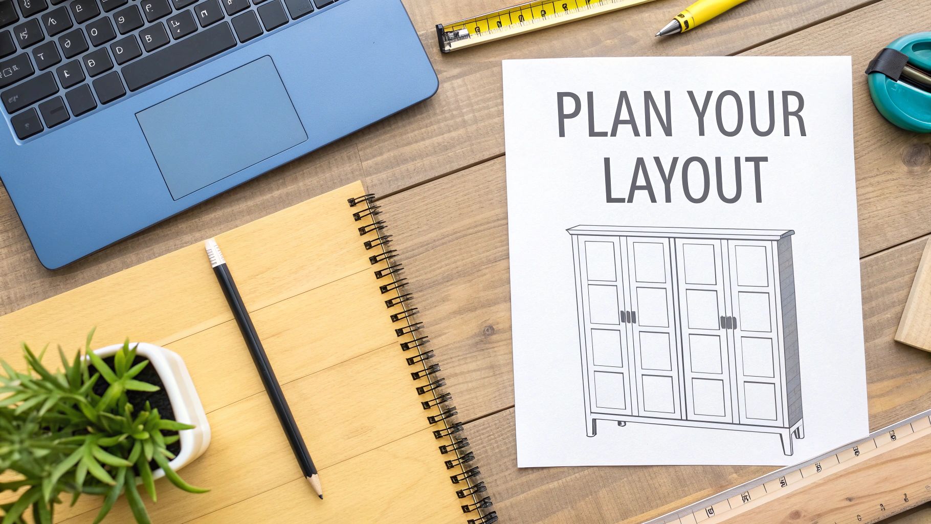 A top-down view of a workspace with a laptop, notebook, plant, and a plan for a wardrobe layout.