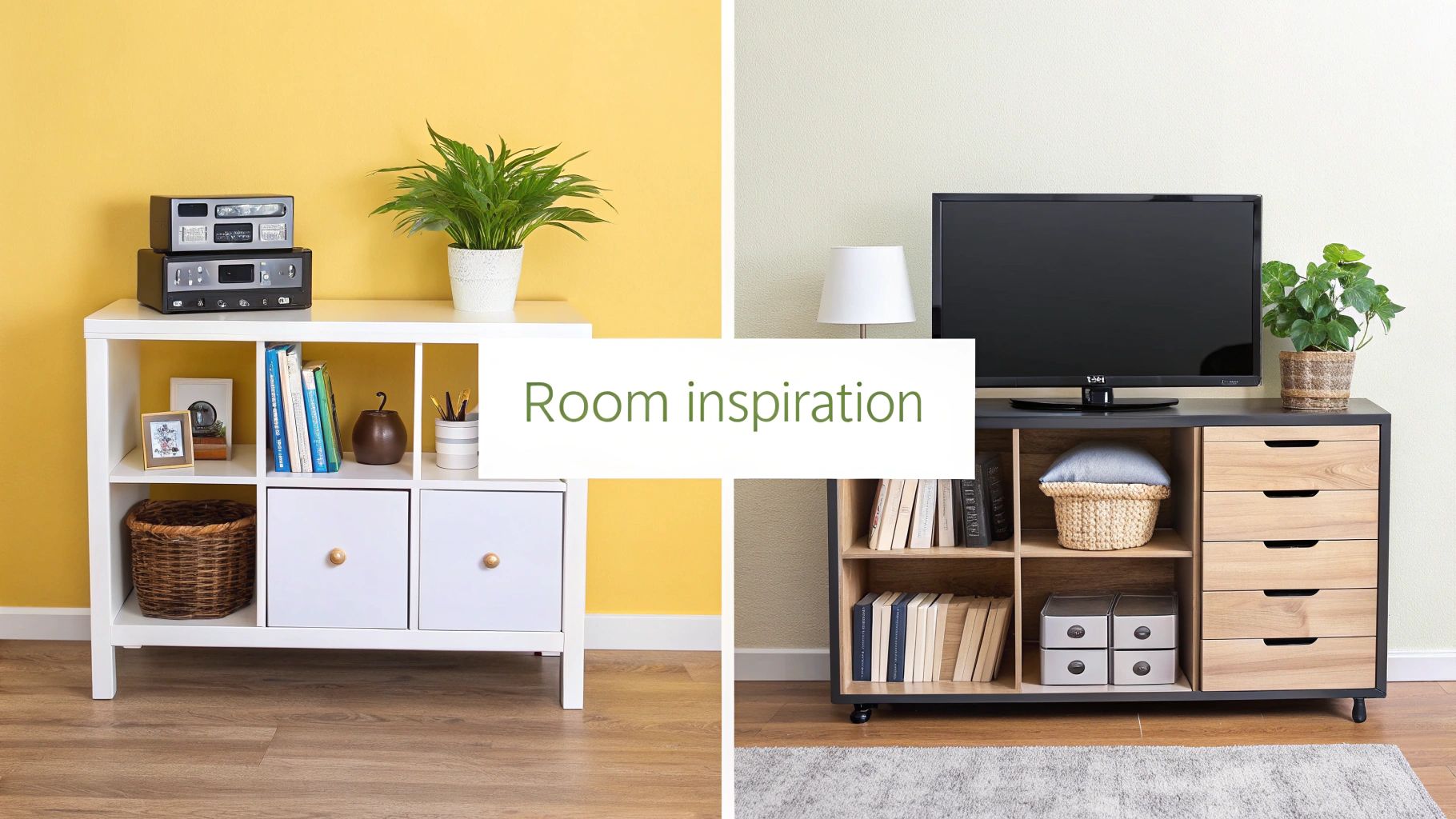 Two stylish room setups showcasing diverse storage solutions and home decor against different wall colors.