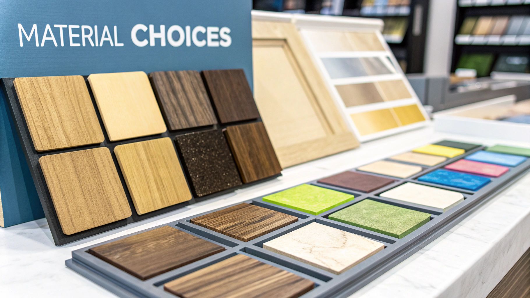 A close-up of different kitchen cabinet material samples, including laminate, wood, and acrylic finishes.