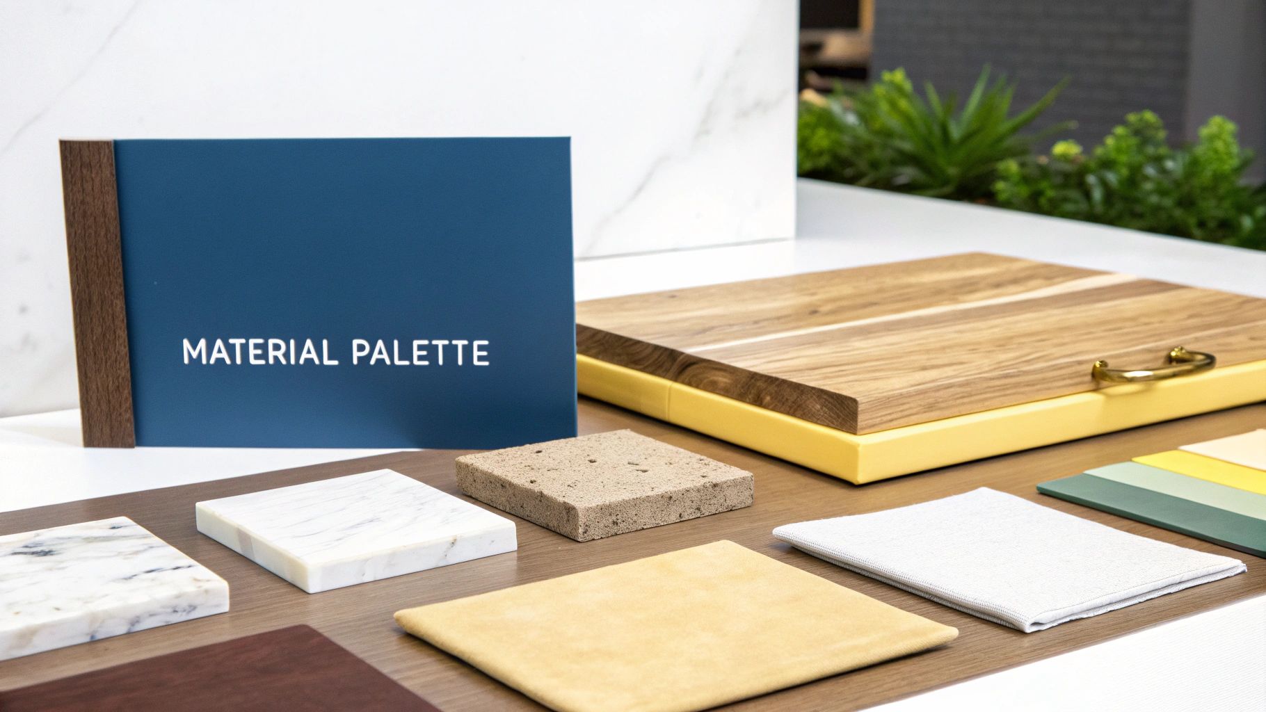 A display of various material samples including wood, marble, fabric, and stone, for interior design.