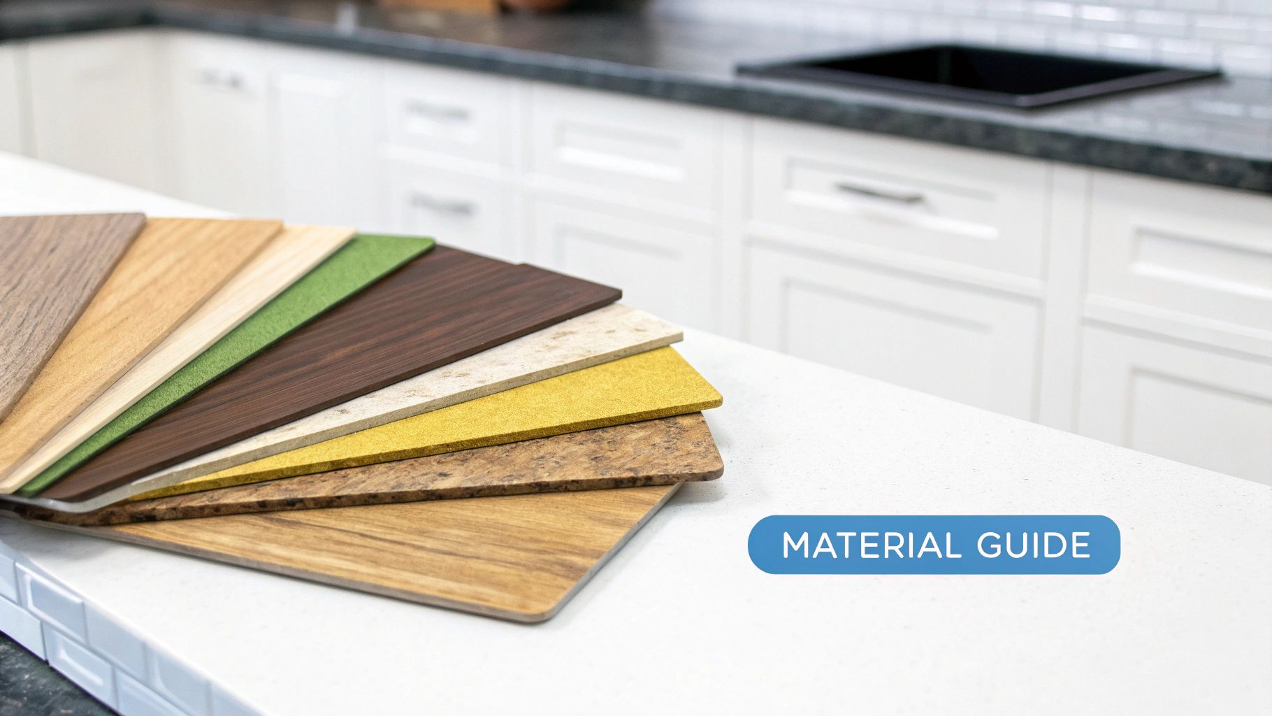 A close-up view of various kitchen cabinet material samples, including laminate, quartz, and wood finishes, laid out on a design table.