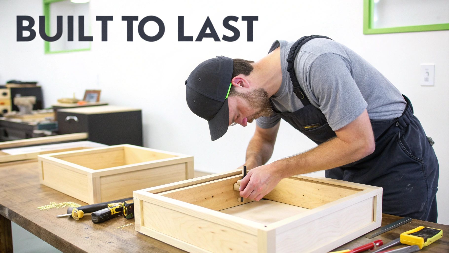 A man in a cap and overalls meticulously assembling a wooden drawer on a workbench.