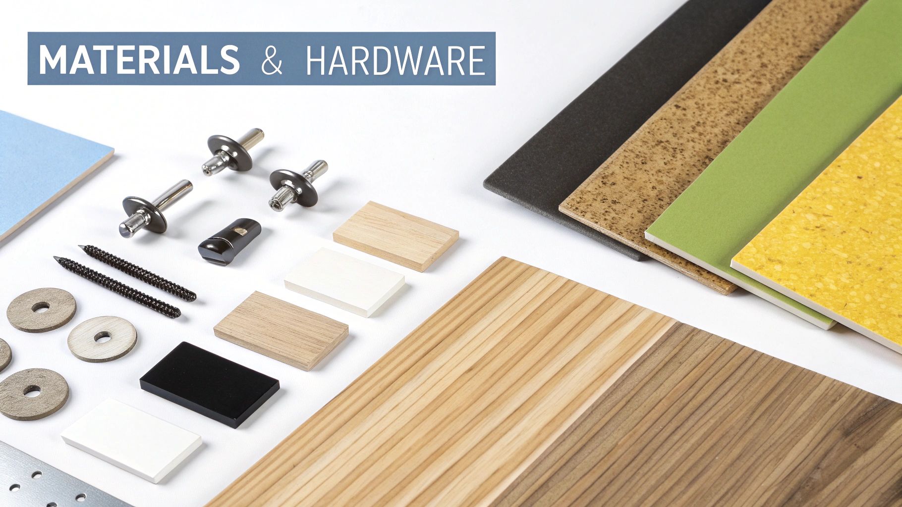 Close-up of diverse building materials and hardware components, including wood samples, fasteners, and colorful panels.