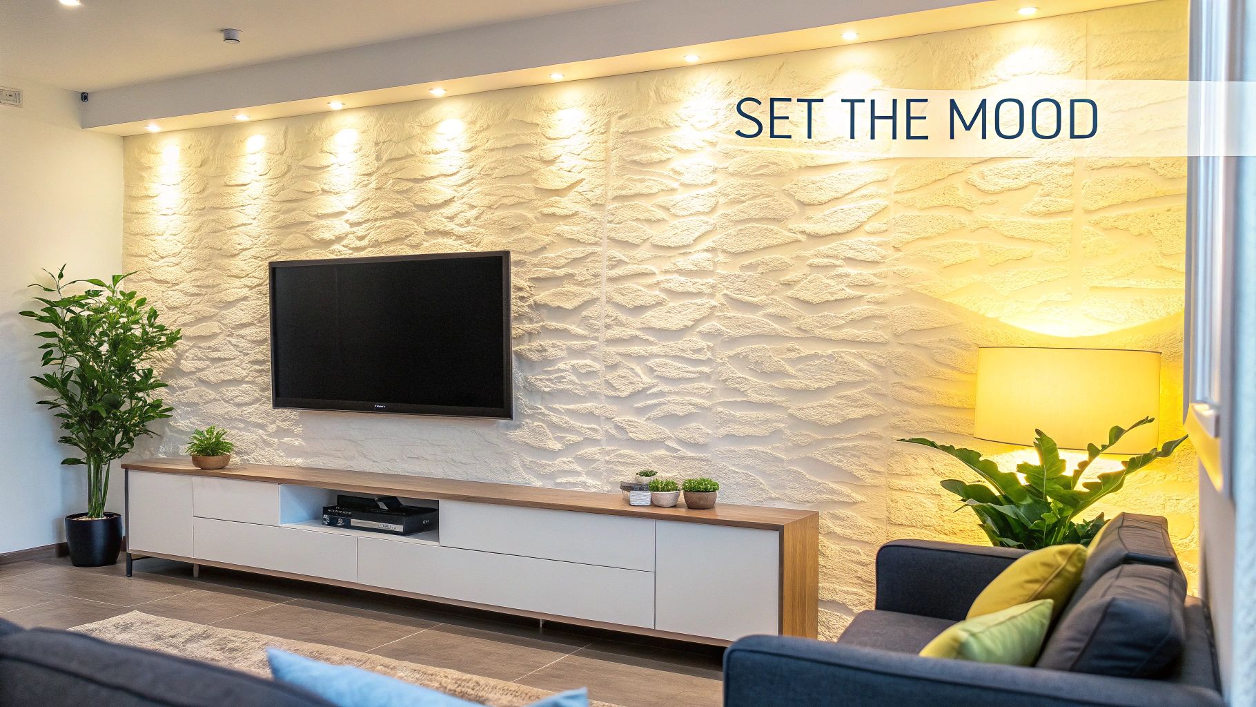 A TV feature wall illuminated by dramatic backlighting.