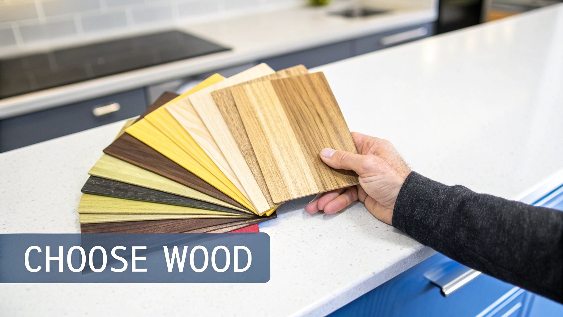 A person's hand holds various wood samples on a kitchen counter, showcasing different colors and grains, with "CHOOSE WOOD" text.