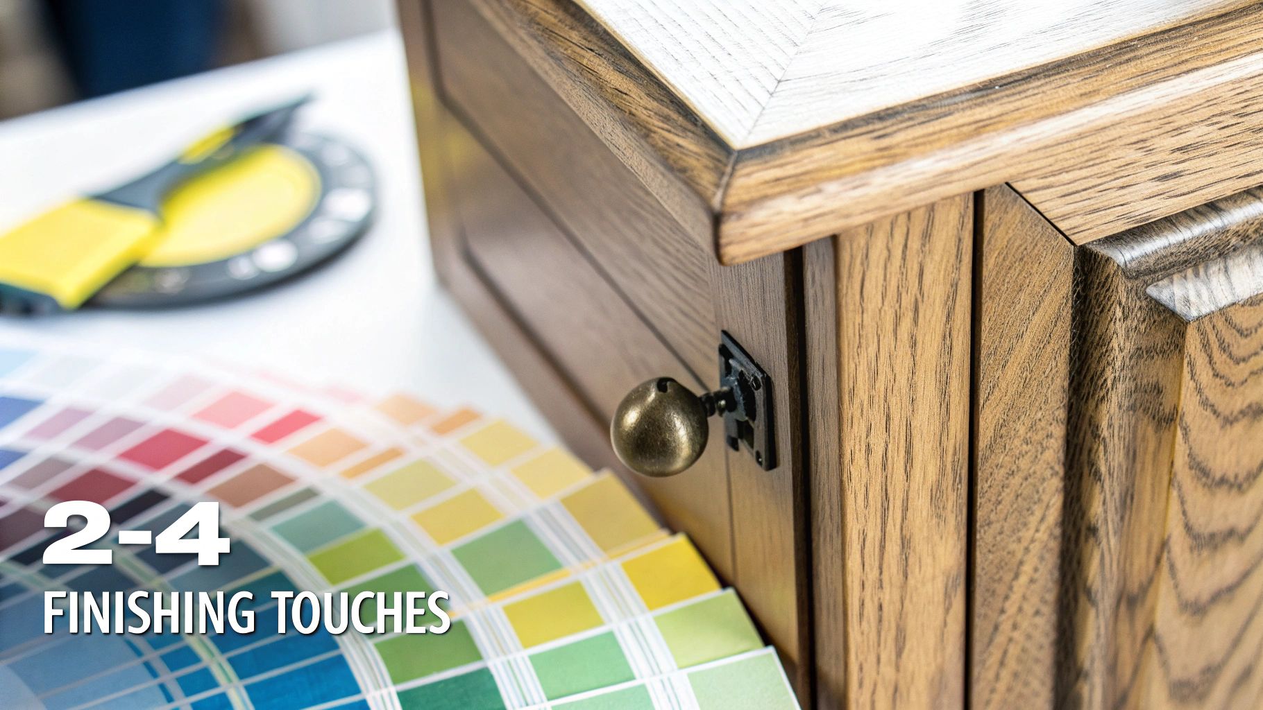 Close-up of a wooden cabinet with a brass knob, a colorful paint swatch fan, and text '2-4 FINISHING TOUCHES'.