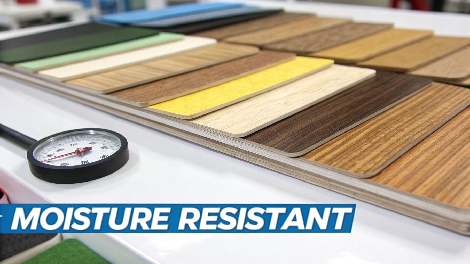 A close-up view of different wood and laminate material samples for custom cabinetry.