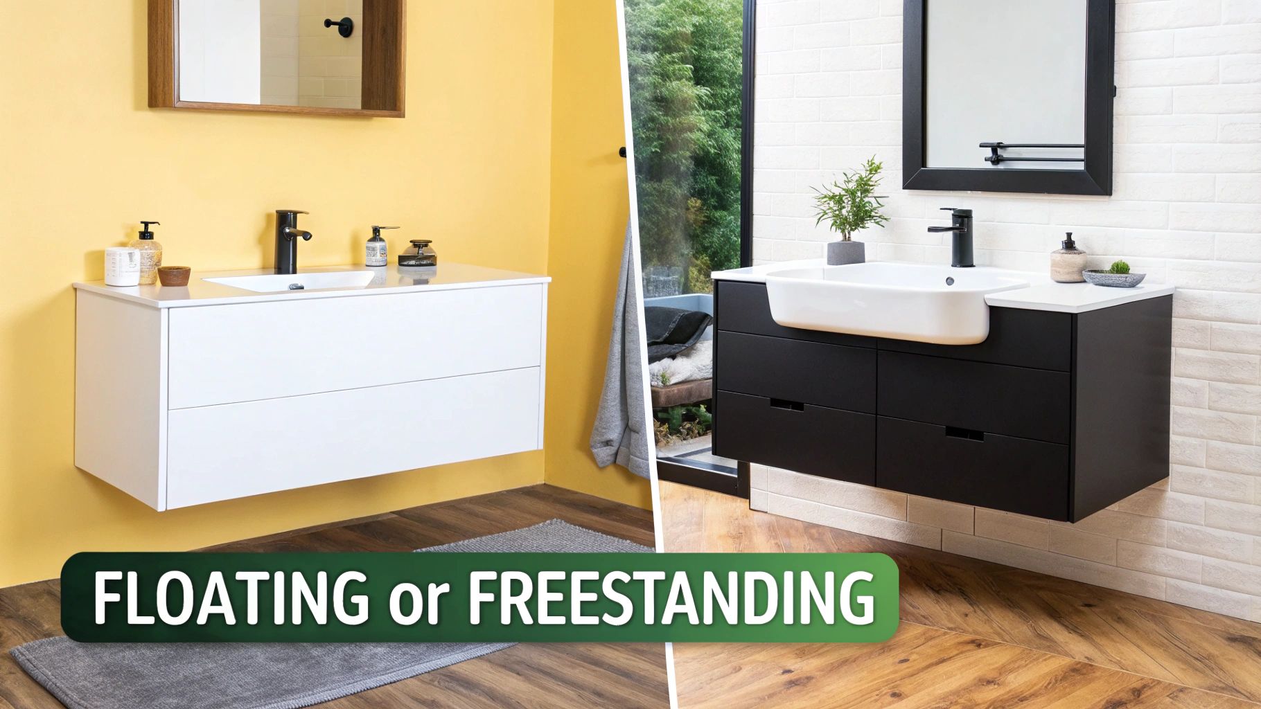 Two stylish floating bathroom vanity cabinets, one white on yellow, one black on white tile.