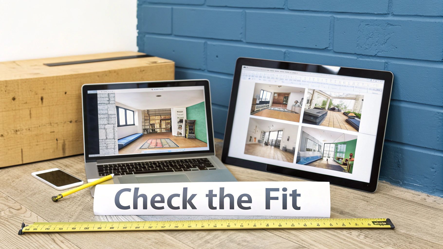 Laptop and tablet display interior design plans, with a tape measure, smartphone, and 'Check the Fit' note.