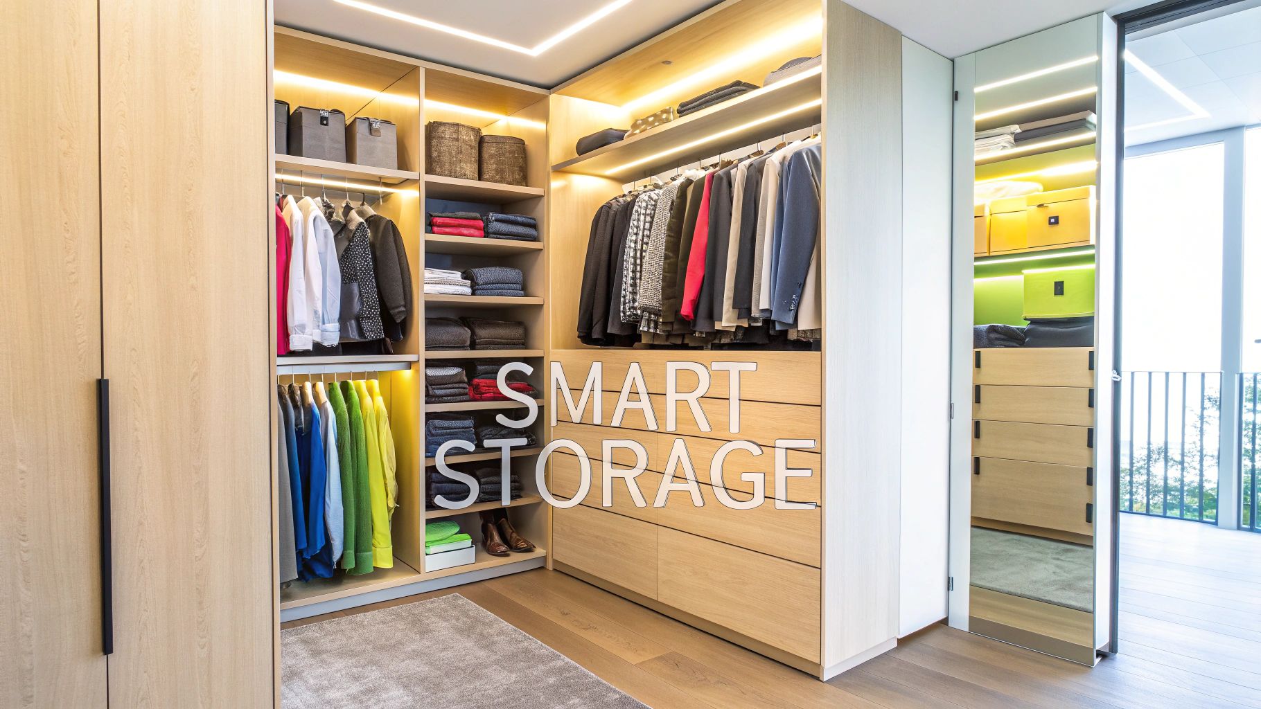 Stylish built-in wardrobe with smart storage solutions, illuminated shelves, and hanging clothes.