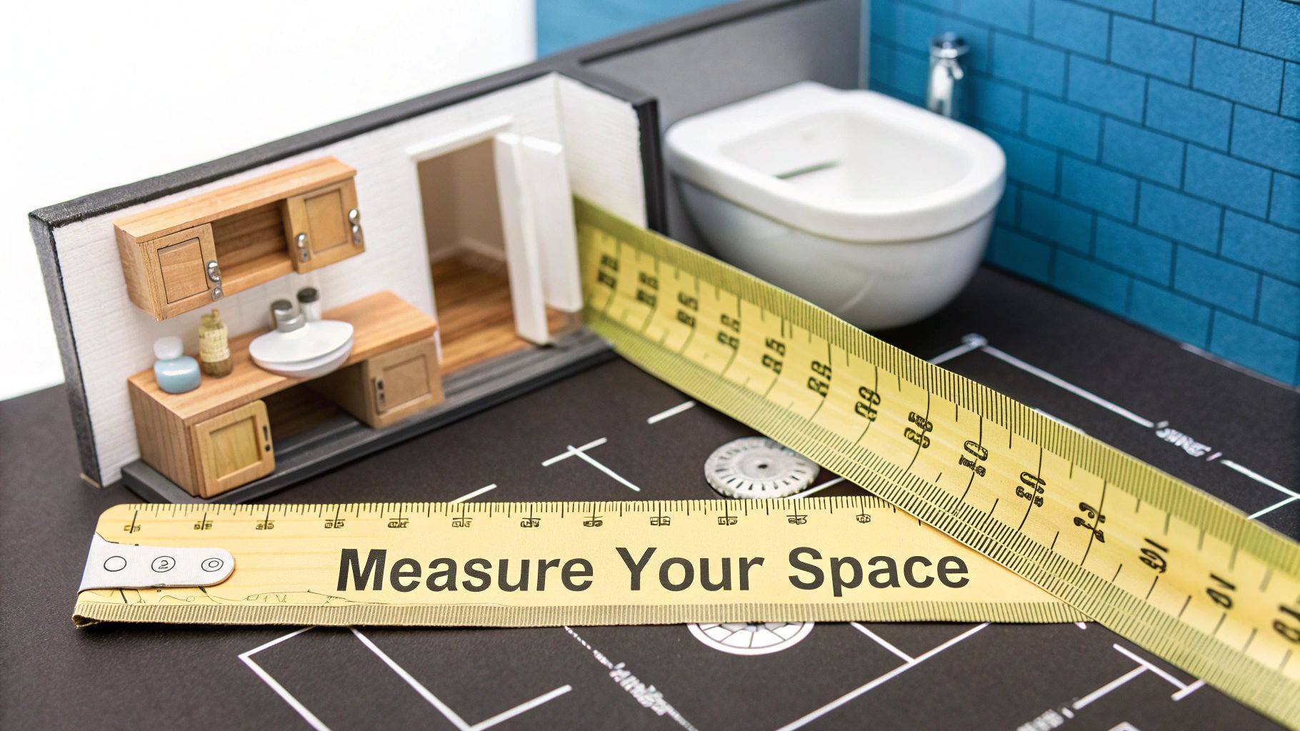 A well-measured bathroom layout showing a toilet next to a vanity with ample clearance.