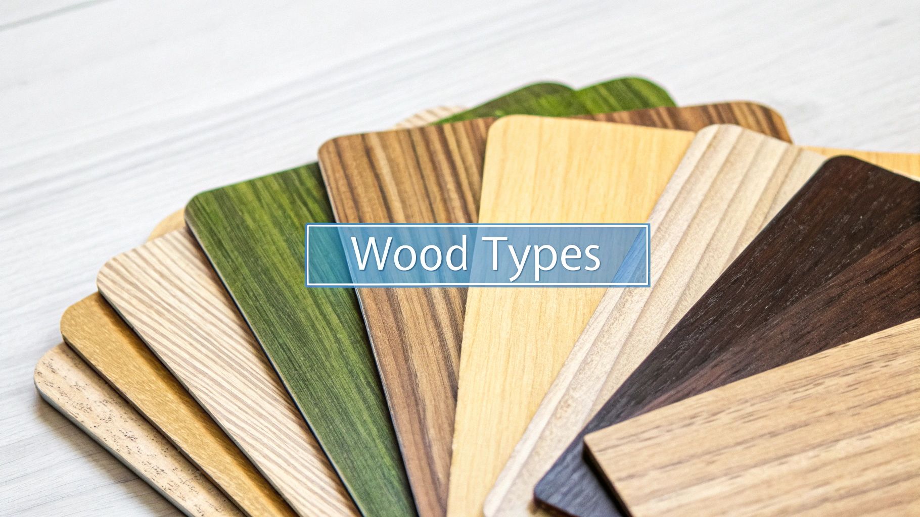 A close-up of different wooden kitchen cabinet door samples, showing various grains and colours.