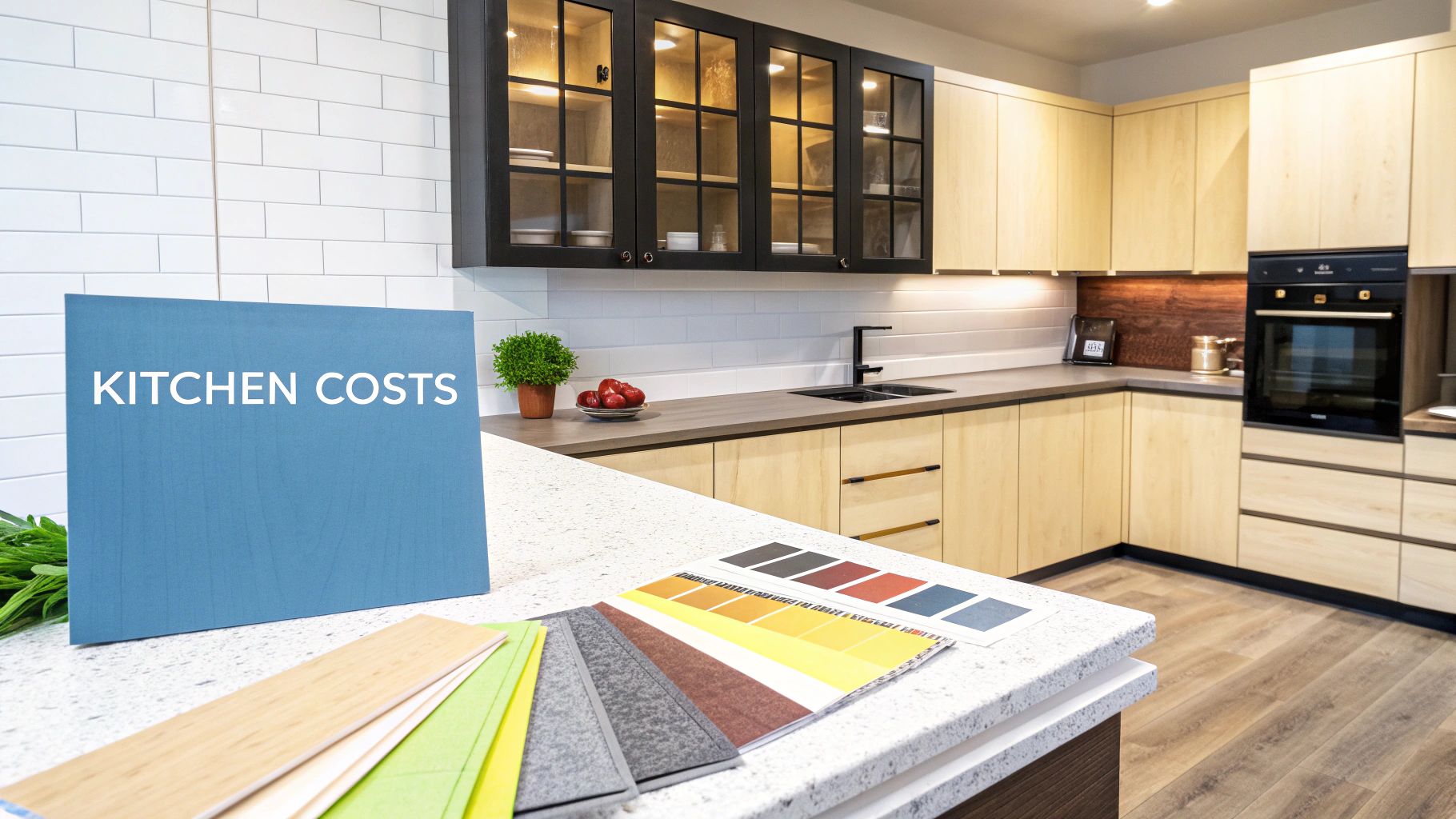Modern kitchen with sleek white cabinets, wooden accents, and a marble countertop.