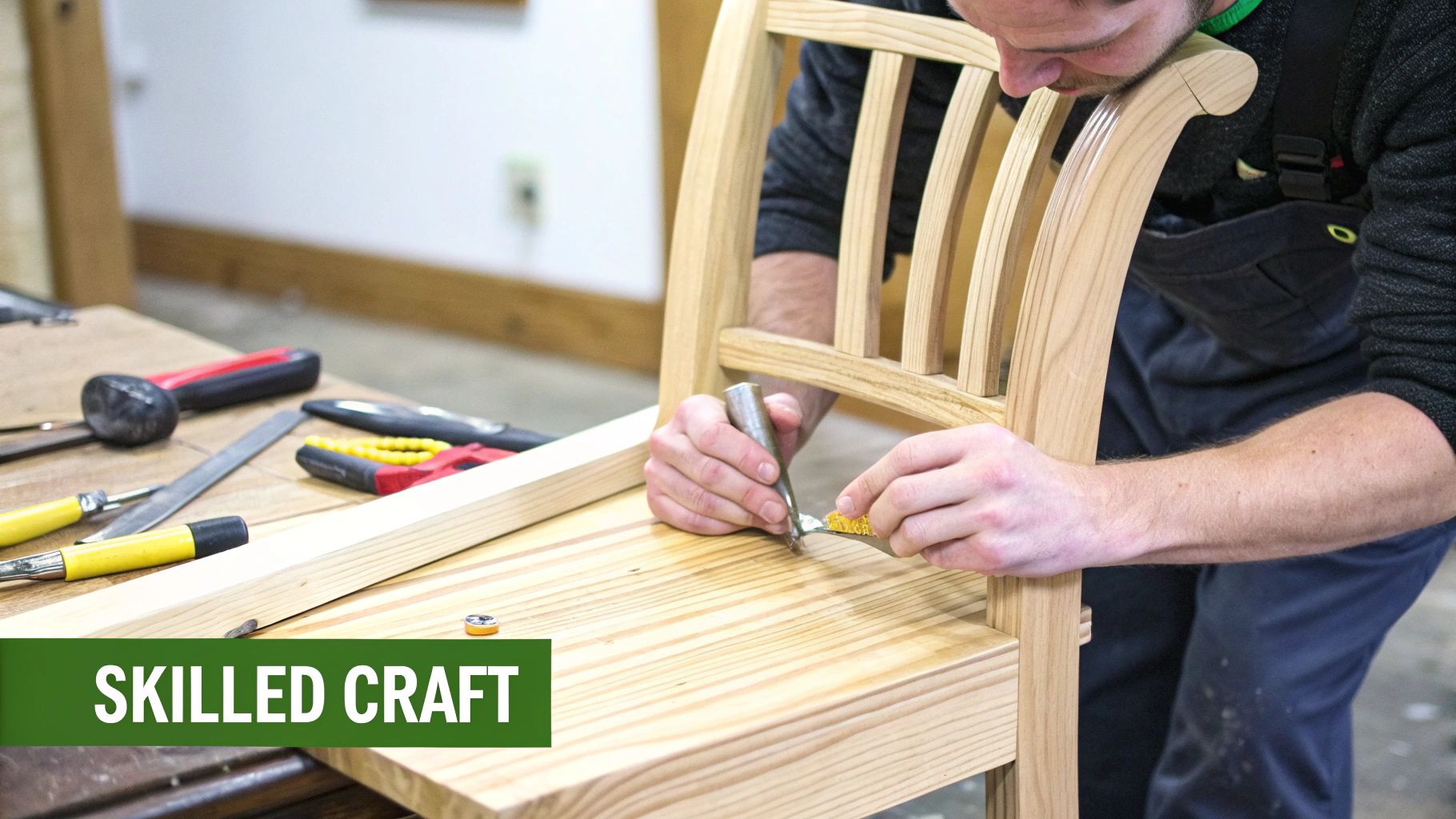 A skilled craftsman uses tools to work on assembling a light-colored wooden chair in a workshop.