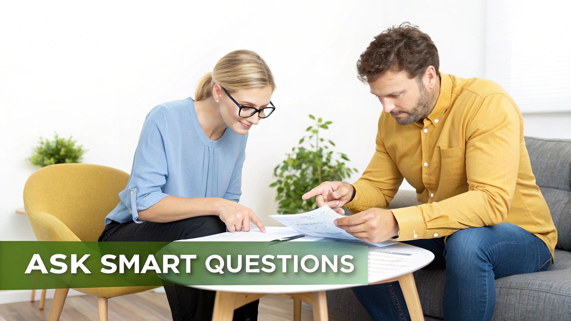 A man and a woman at a table, looking at documents, engaged in a professional discussion or consultation.