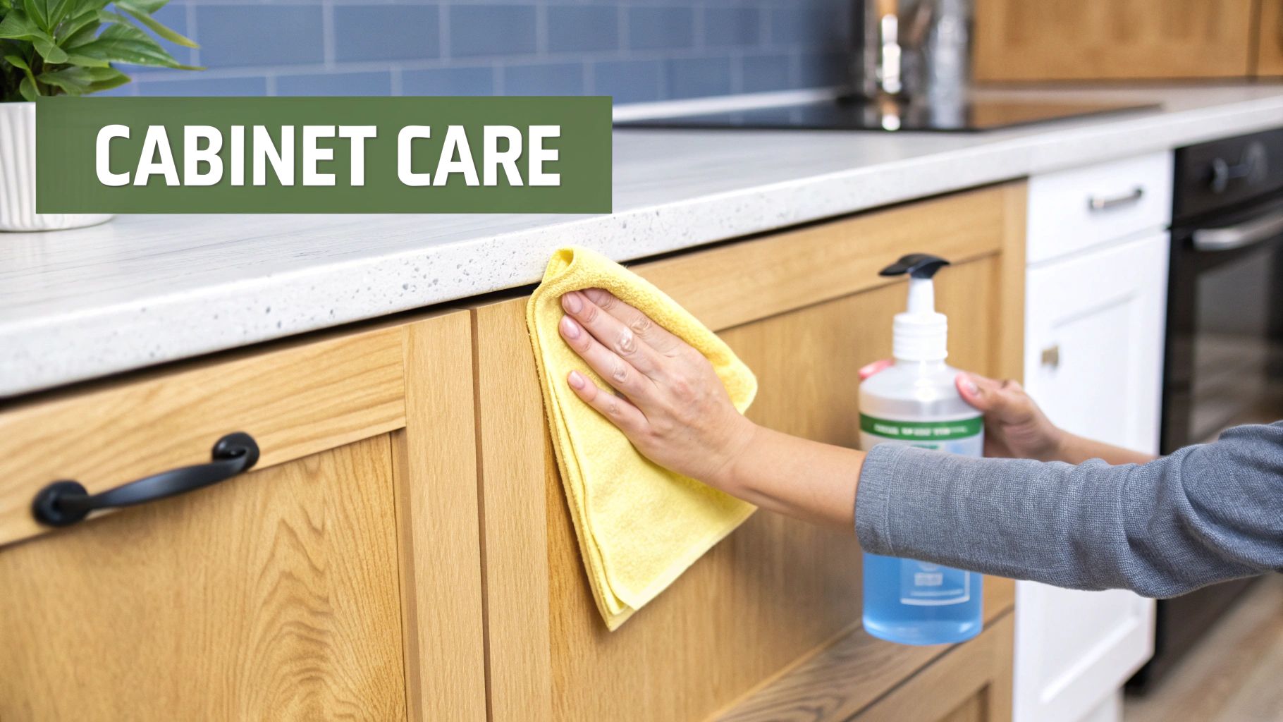 Someone is cleaning a modern wooden kitchen cabinet with a yellow cloth and a bottle of cleaner.