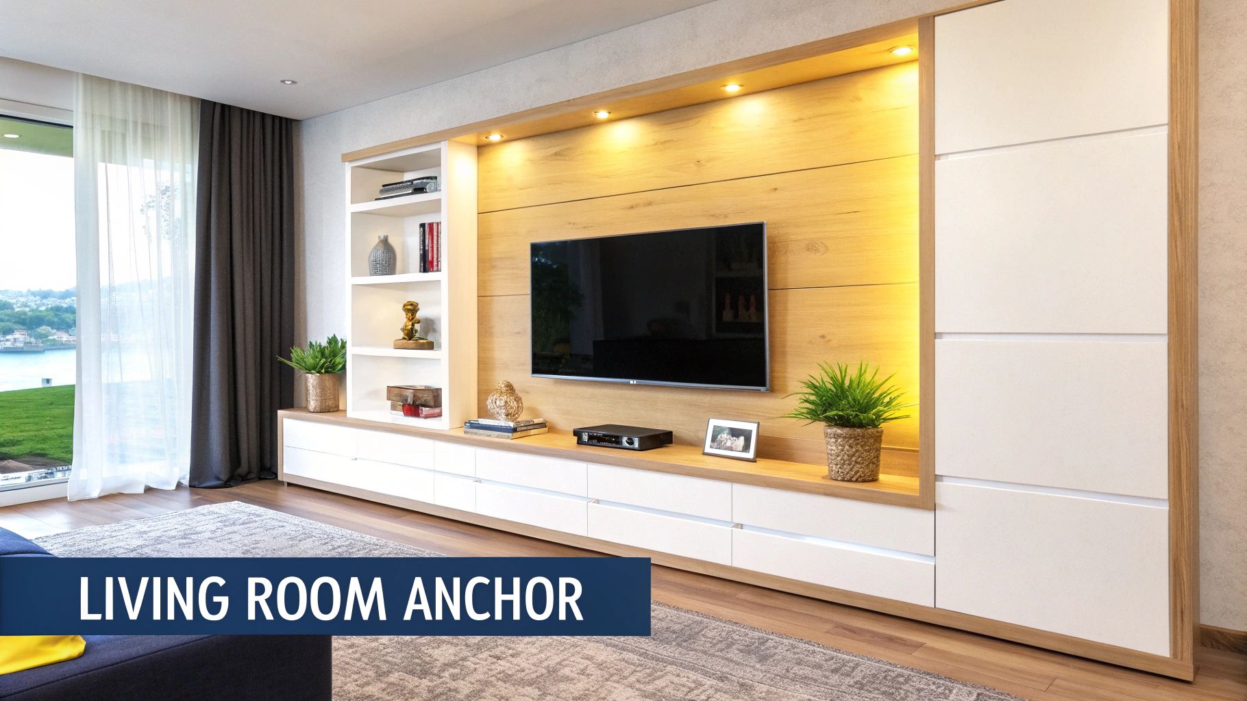 A modern living room with a sleek, minimalist TV console feature wall that combines wood and dark grey panels, creating a sophisticated focal point.