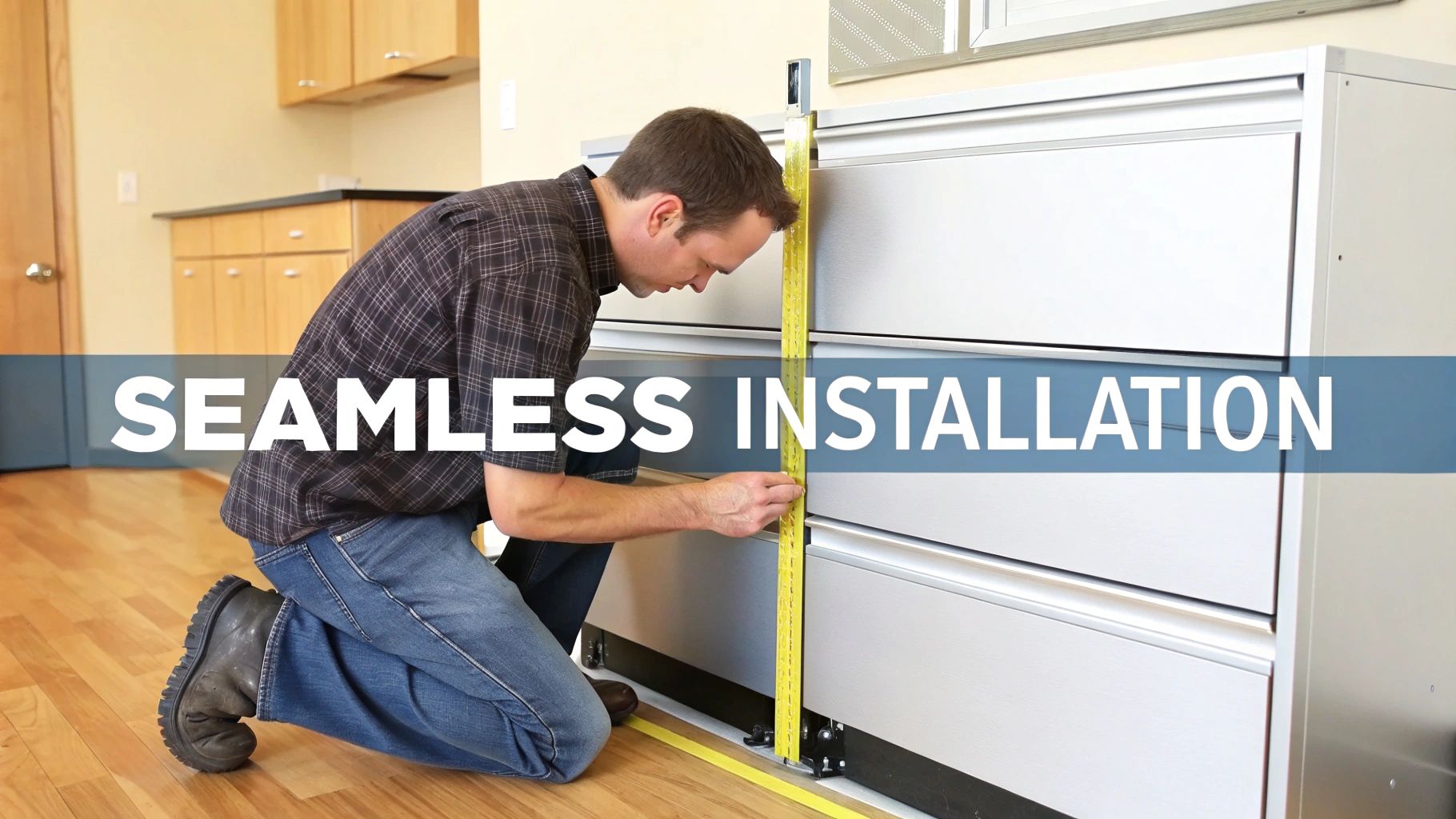 An installer carefully fitting a sleek, pre-fabricated aluminium kitchen cabinet into place in a modern kitchen setting.