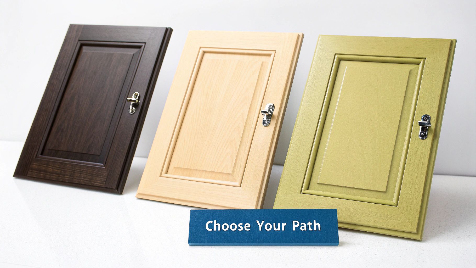 Three kitchen cabinet door samples in dark brown, light wood, and lime green, with a 'Choose Your Path' sign.
