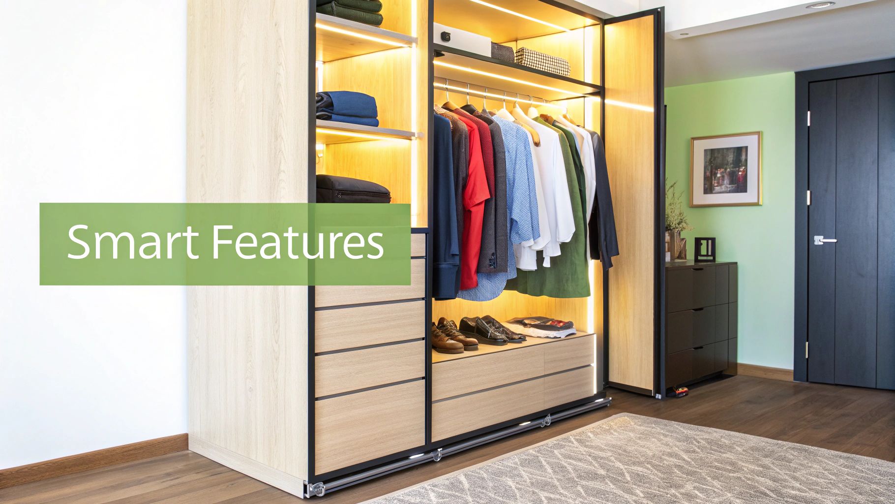 A modern walk-in wardrobe with smart lighting, organized clothes, shoes, and drawers in a stylish room.