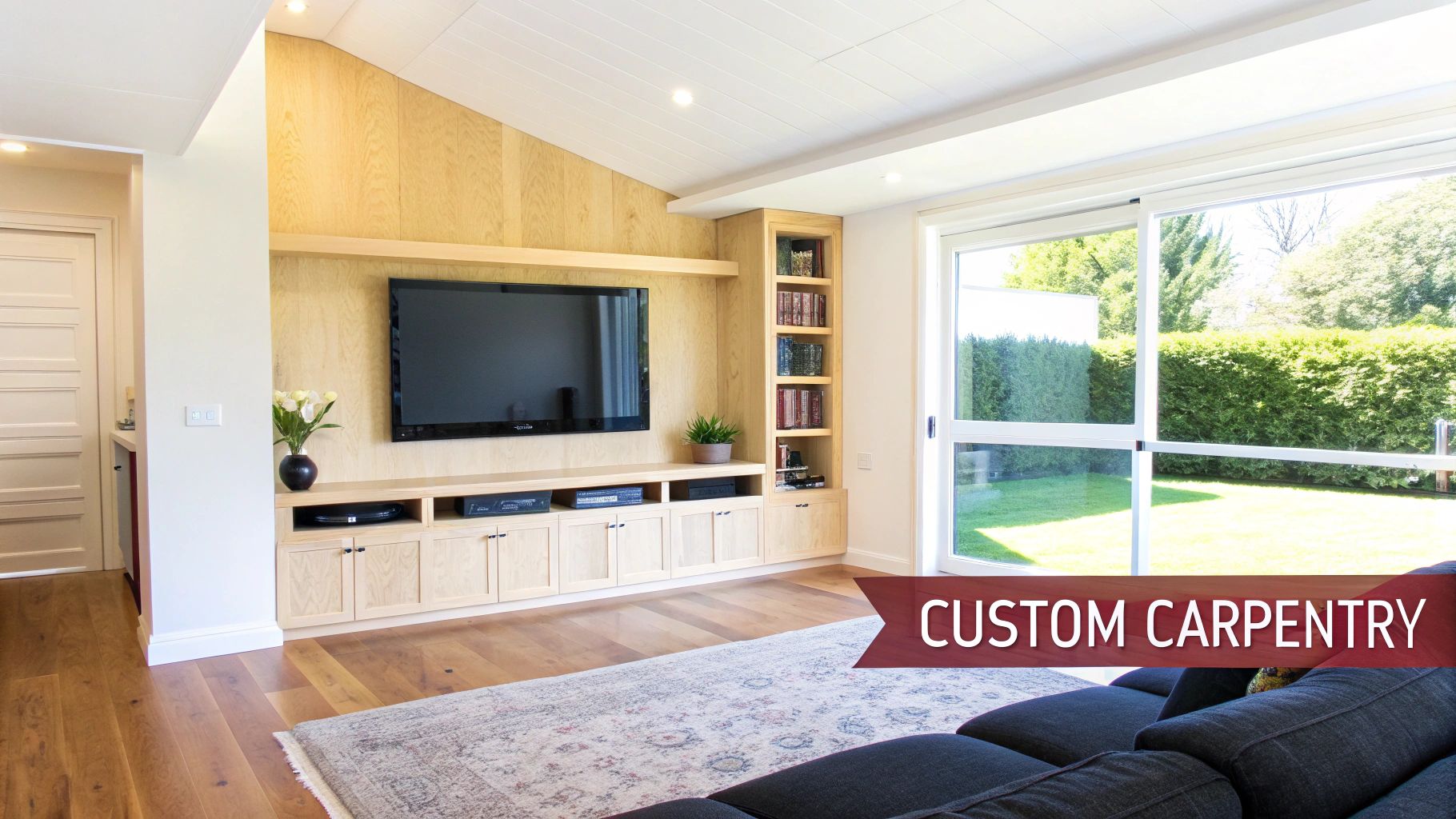 Modern living room with custom light wood built-in TV unit, floating shelf, and bookshelf.