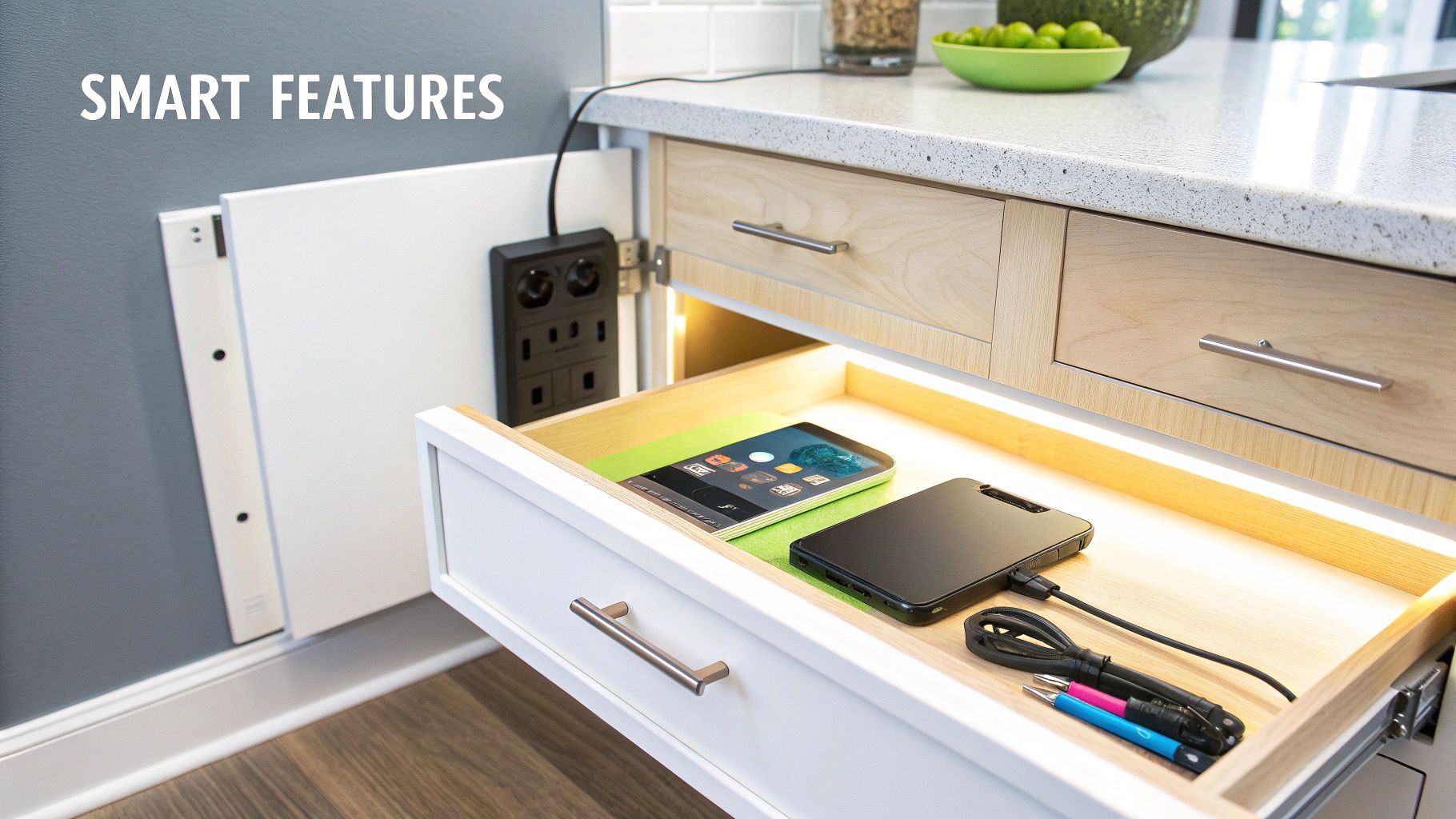 A pull-out drawer with a smartphone, power bank, and charging cables, showing a hidden power strip.