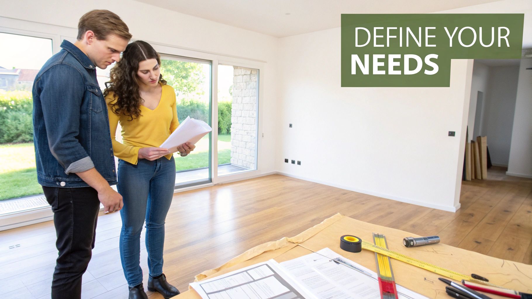 A couple reviews renovation plans in an empty room, defining their needs for a new home.