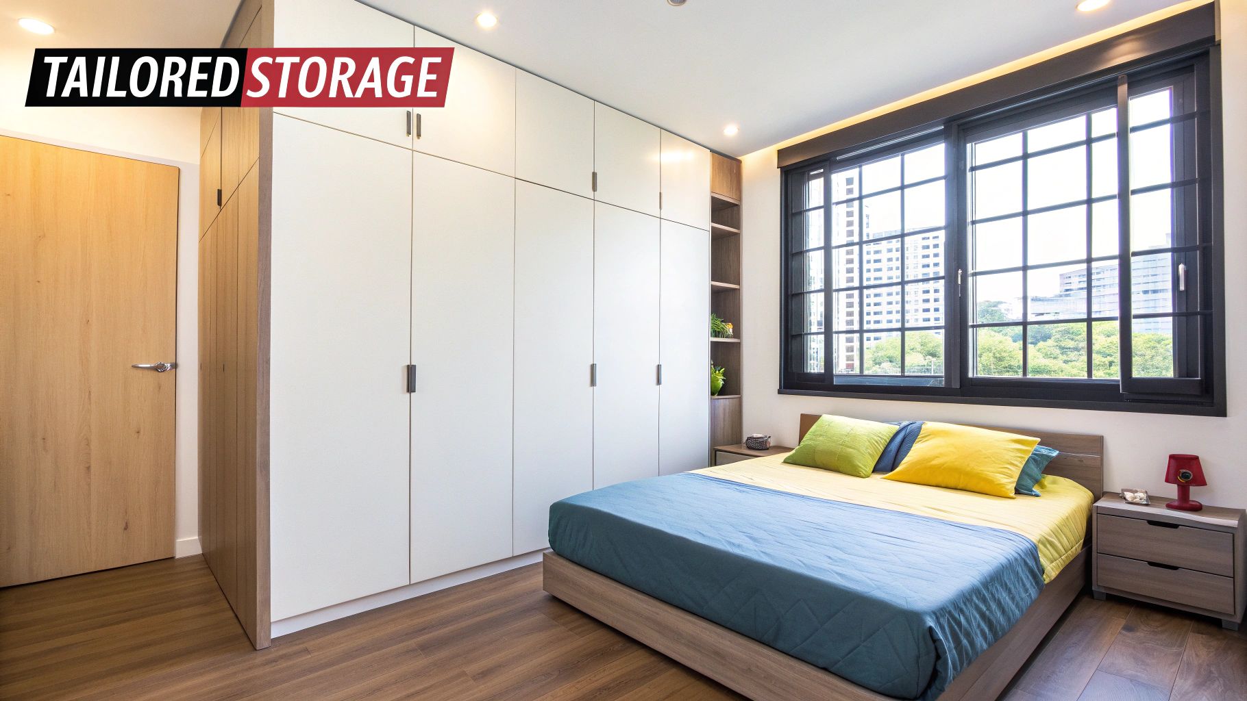 A sleek modern bedroom with a large white built-in wardrobe, bed, and city view from a window.