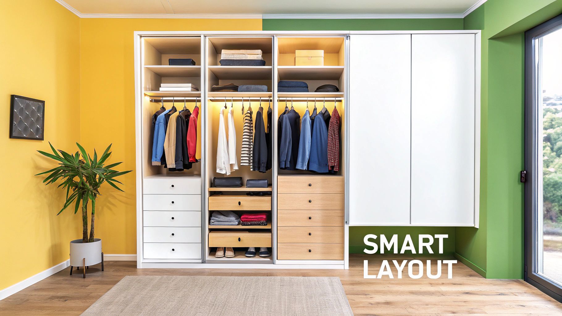 A modern, spacious built-in wardrobe with multiple compartments, hanging clothes, and drawers, featuring a smart layout.