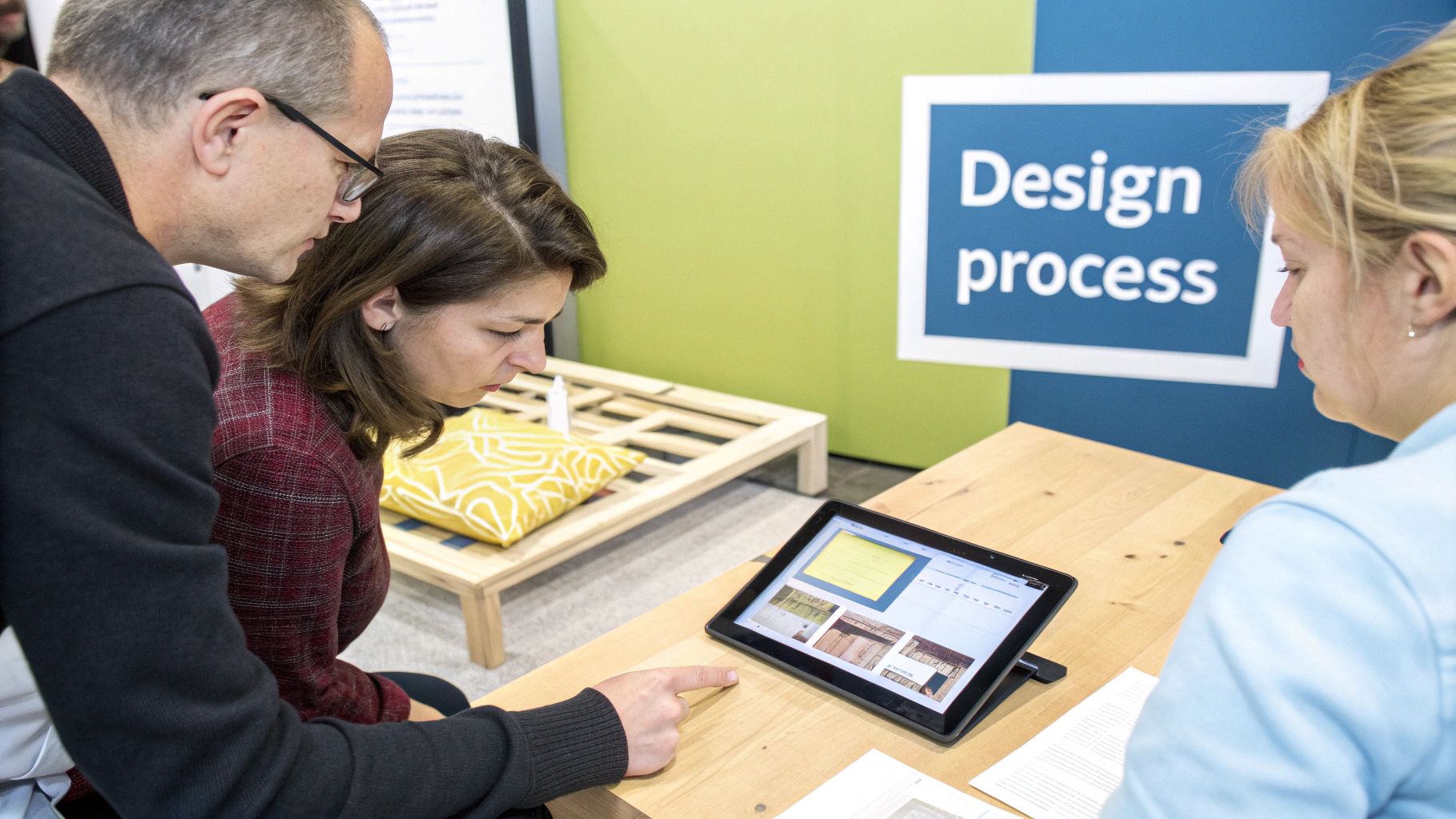 Three people actively engaging with a tablet displaying design options, with a man pointing, at a design process booth.