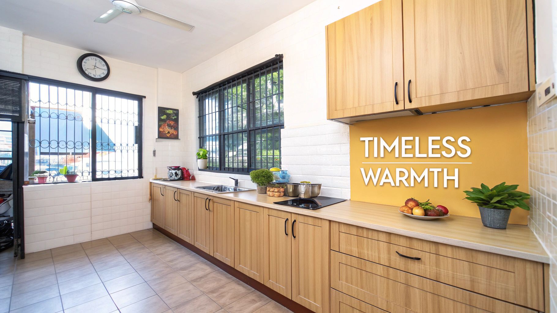 A bright kitchen features light wooden cabinets, white tiled walls, and a warm yellow accent.