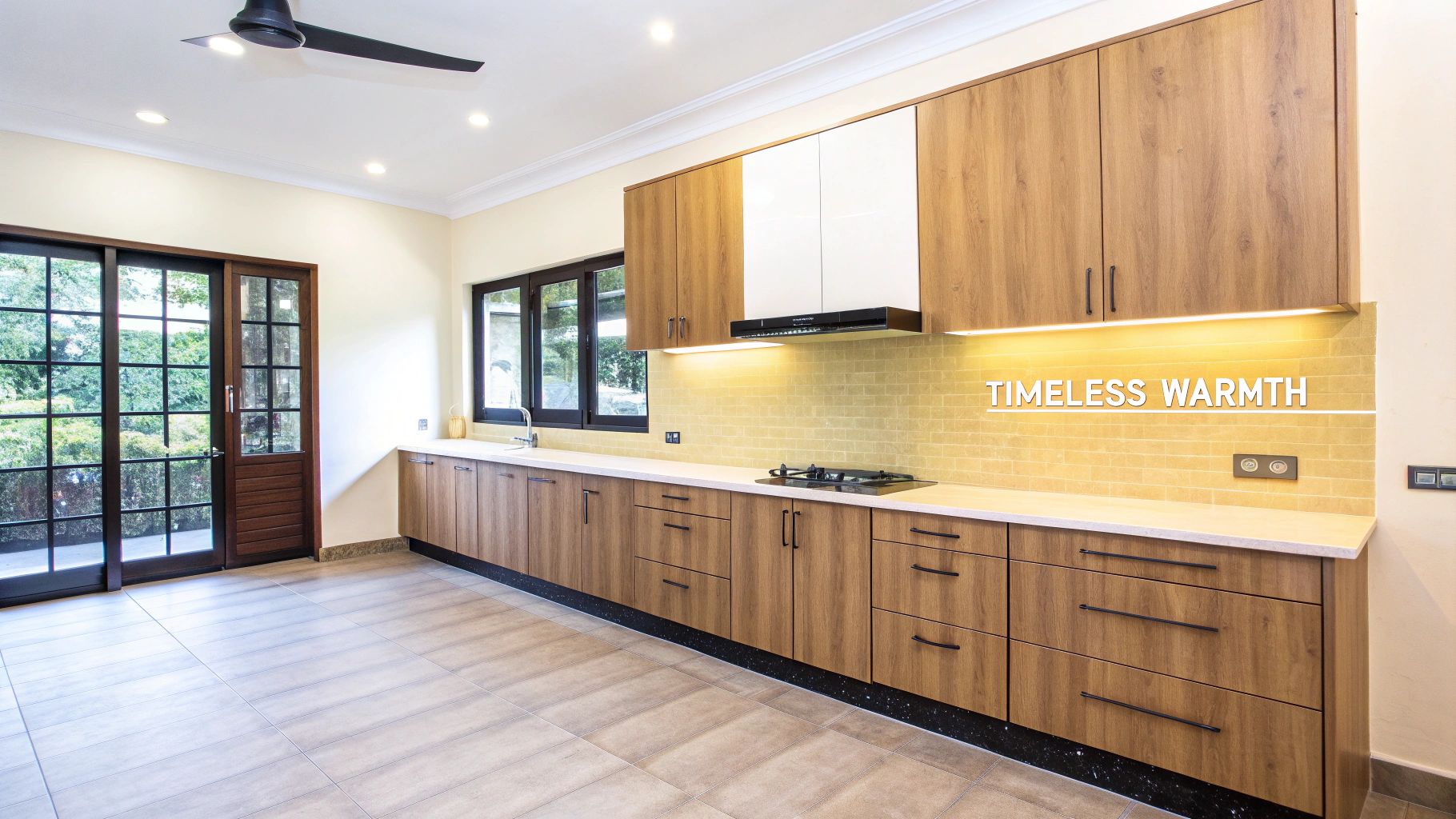 Bright modern kitchen with warm wooden cabinets, light countertop, tiled backsplash, and outdoor view.