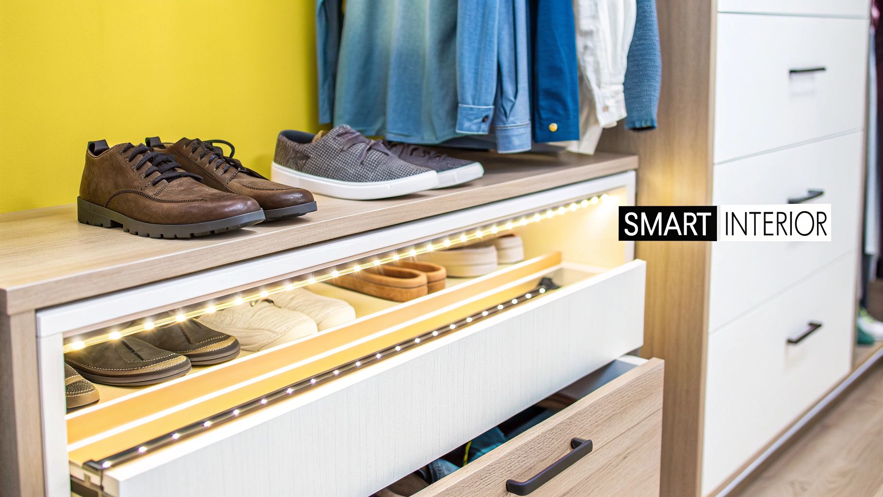Modern wardrobe drawer with LED lighting displaying organized shoes and hanging clothes above