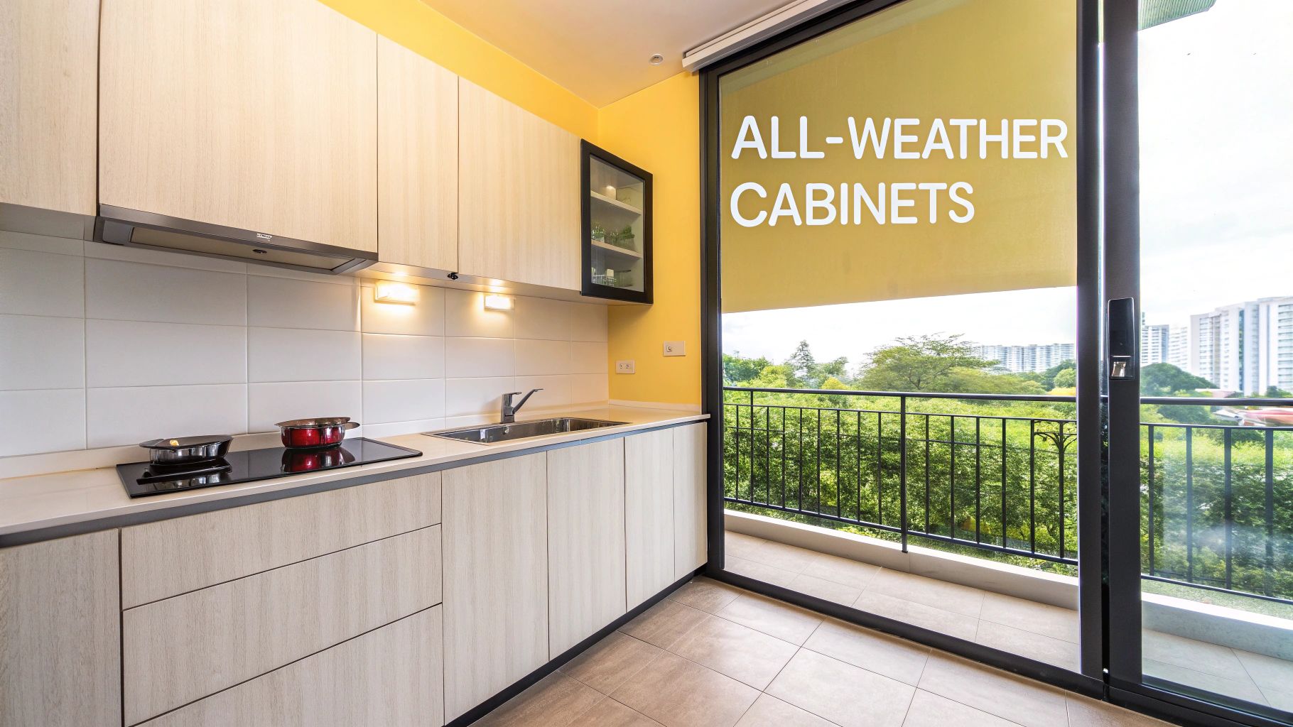 Modern kitchen featuring light wood-grain all-weather cabinets, induction cooktop, sink, and a balcony view.