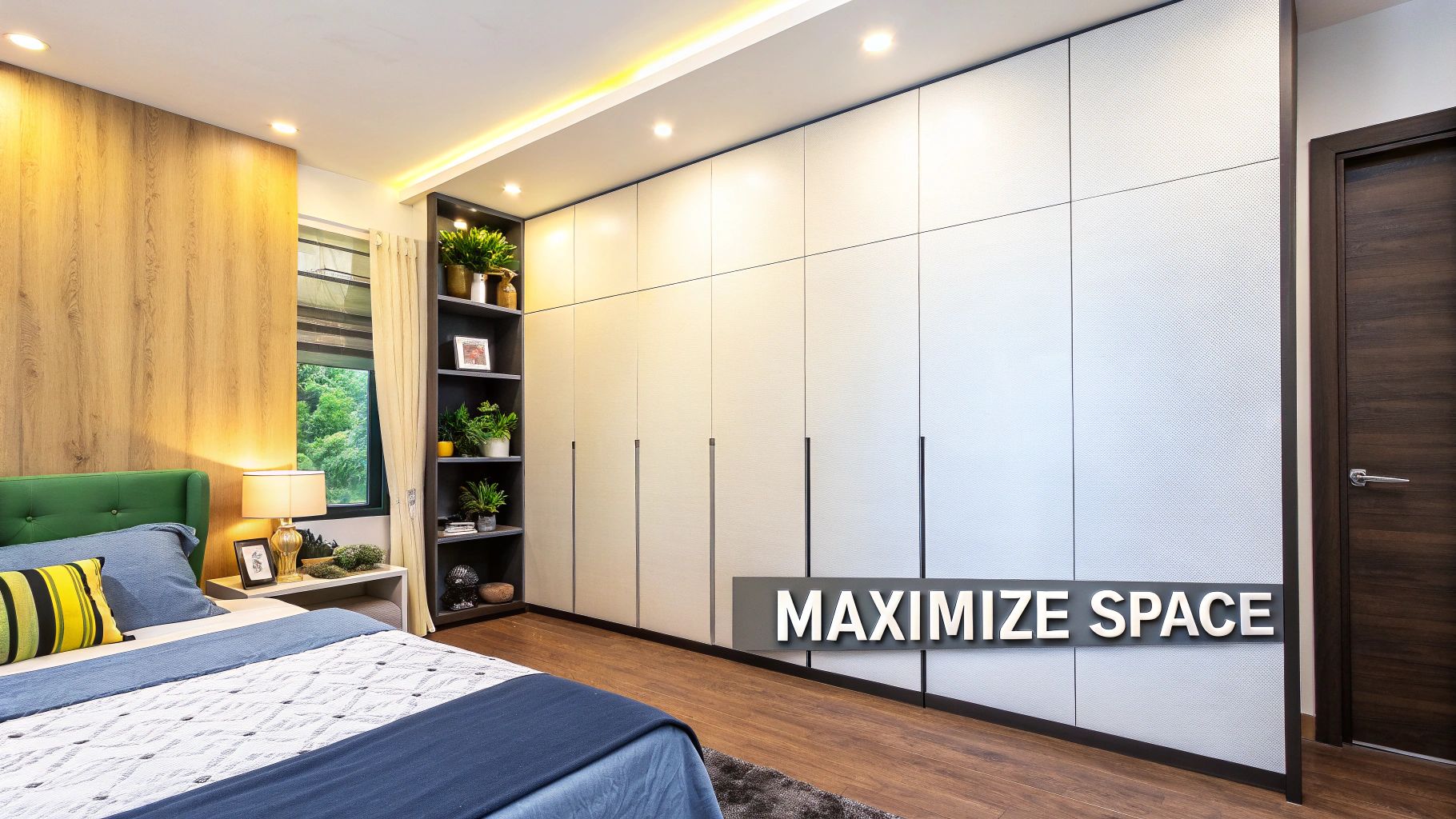 A modern, minimalist built in wardrobe in a Singaporean bedroom, showcasing seamless integration.