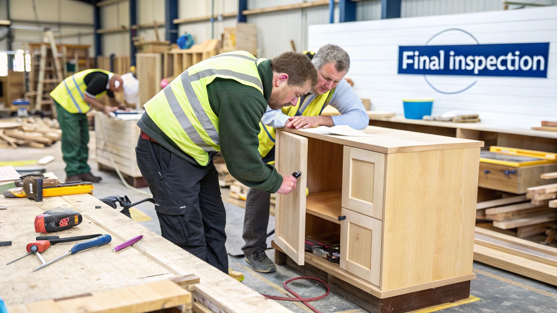 A craftsman applying a final finishing coat to a custom wooden cabinet in a workshop.