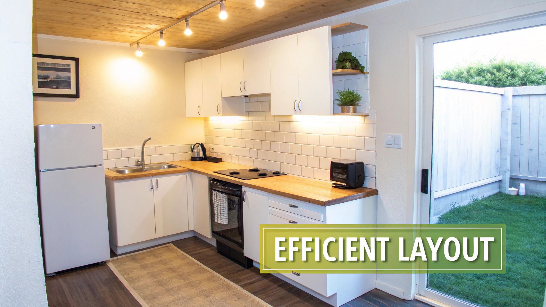 A bright, efficient small kitchen with white cabinets, wood counters, and a modern stovetop, leading to a small patio.