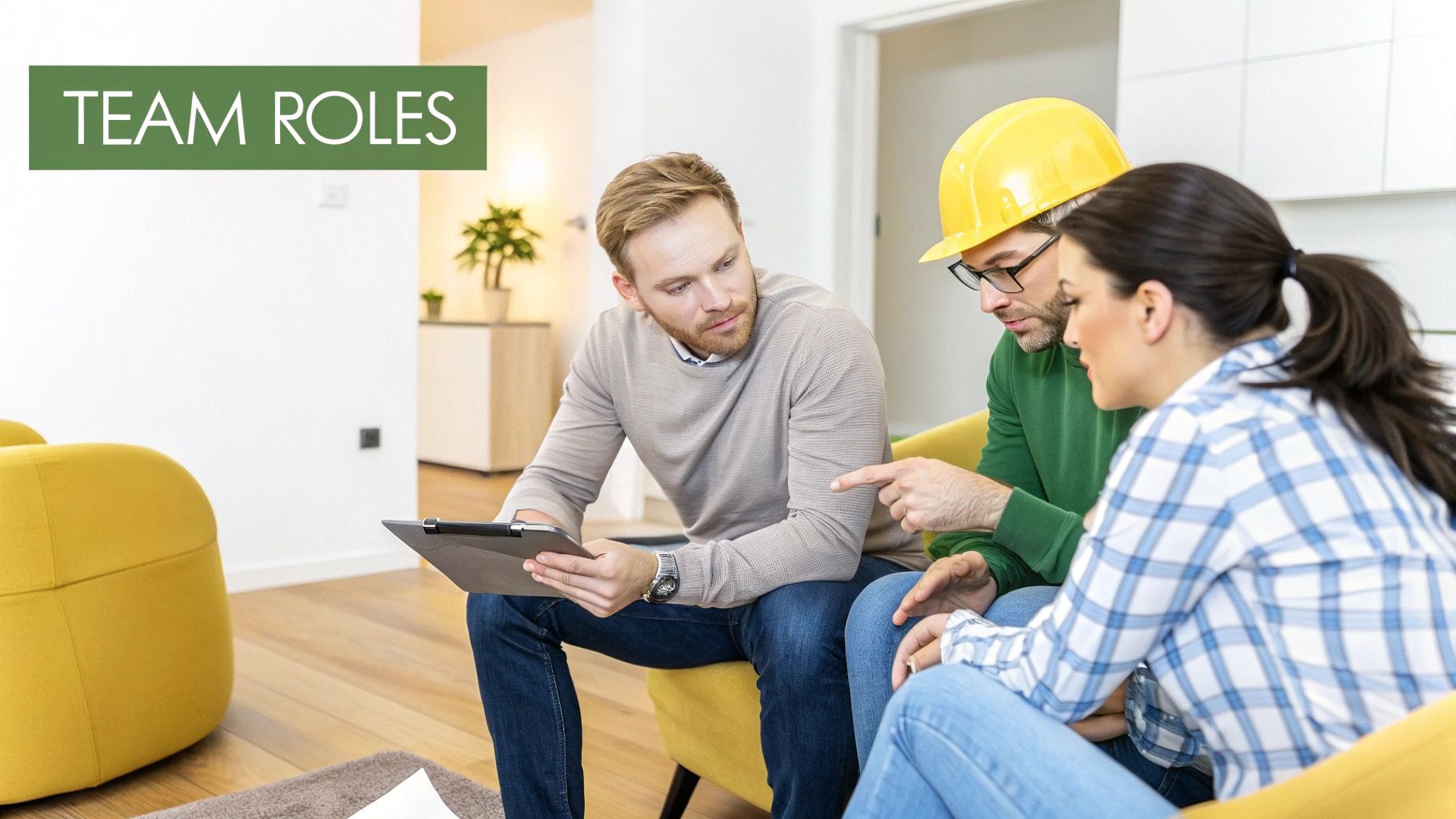 A project team of three, including a man with a hard hat, discusses plans on a clipboard.