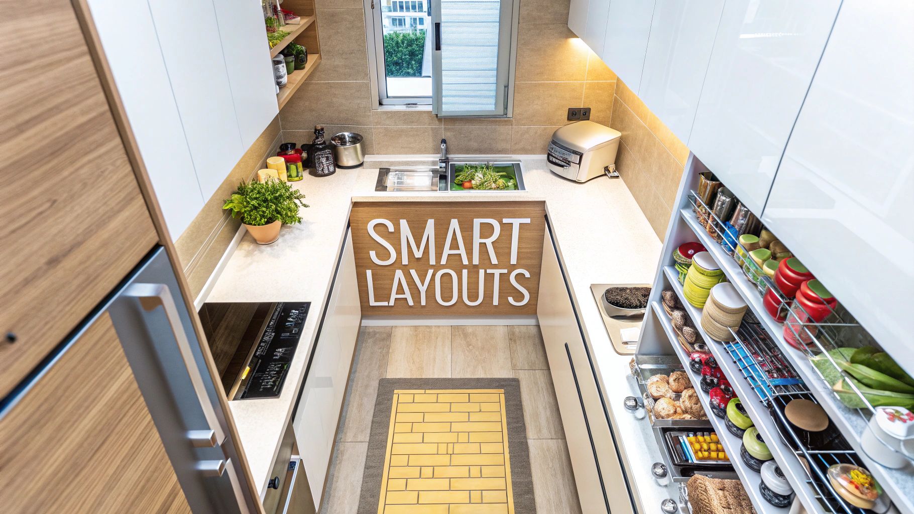 A well-organized HDB kitchen with an efficient layout, showcasing smart storage solutions and a clear work triangle.