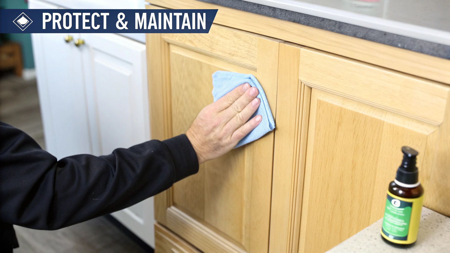 A person cleaning light brown wooden kitchen cabinets with a blue microfiber cloth.
