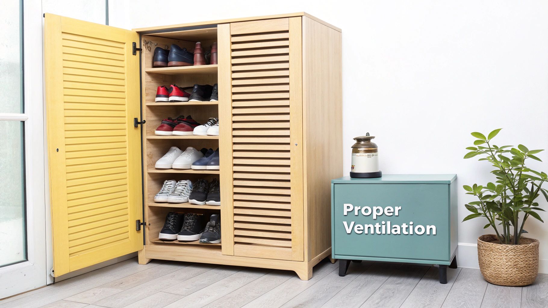 A light wooden shoe cabinet with an open louvered door, displaying shoes and promoting ventilation.