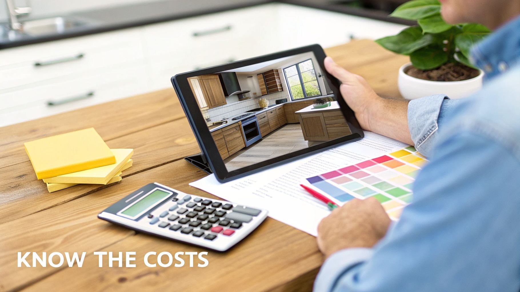 Person plans kitchen renovation costs, viewing design on tablet with calculator, color swatches, and sticky notes.
