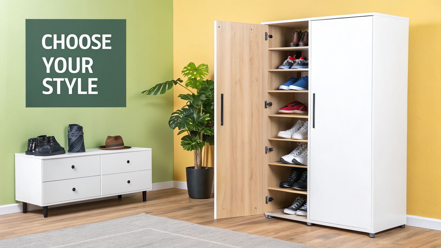 Modern entryway with a white shoe cabinet, a matching dresser, and a large green plant.