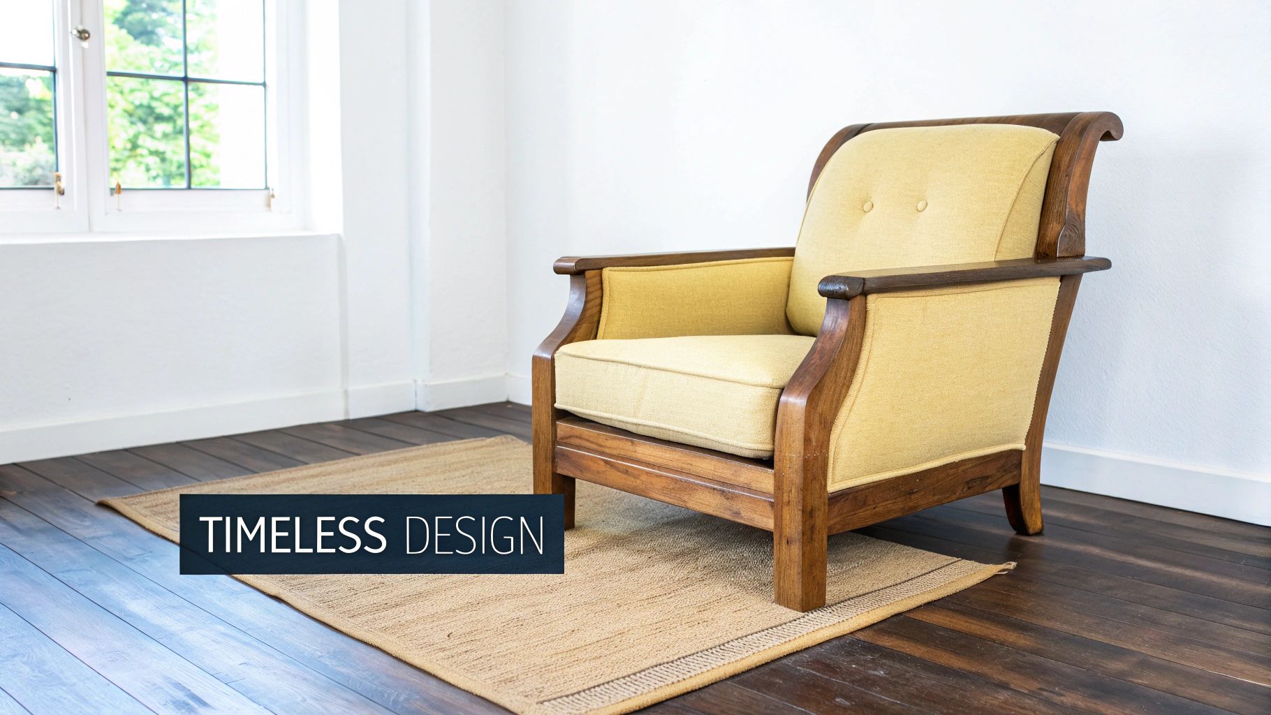 A vintage wooden armchair with yellow cushions sits on a beige rug by a sunlit window.