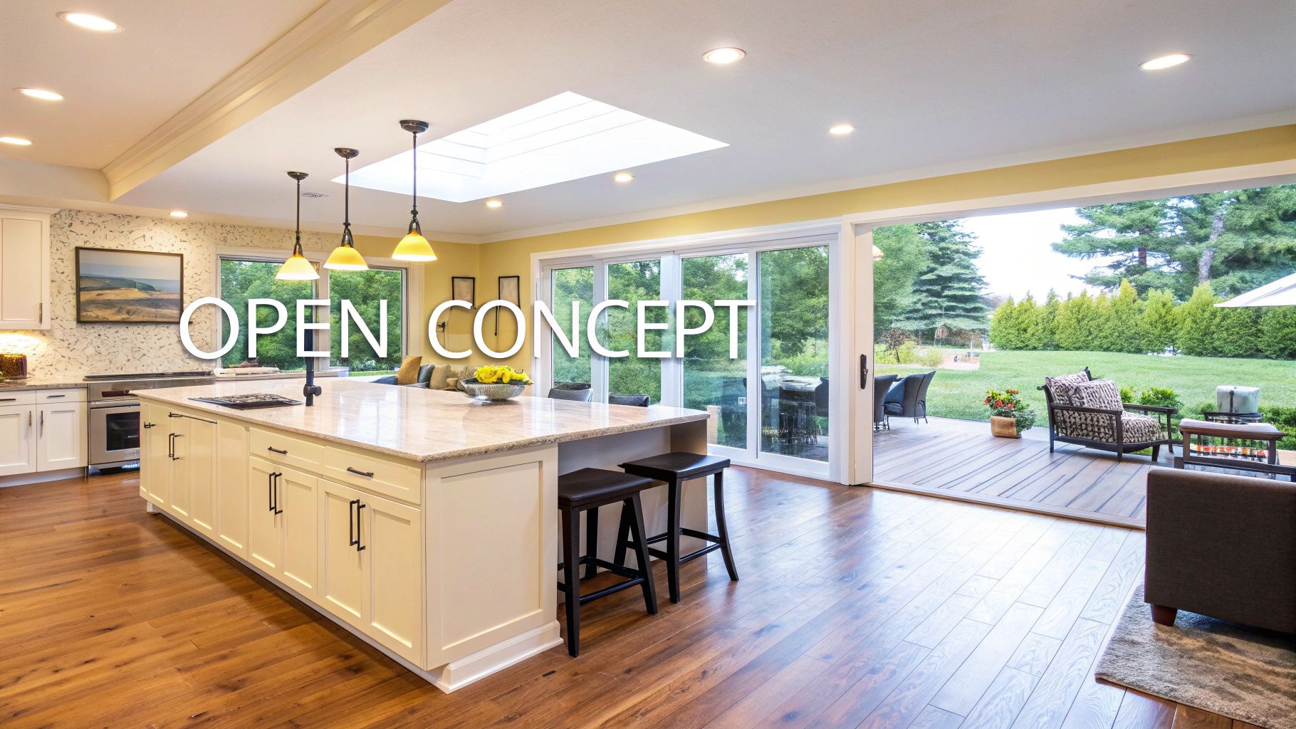 Spacious open concept kitchen with a large island, connecting to an inviting outdoor patio.