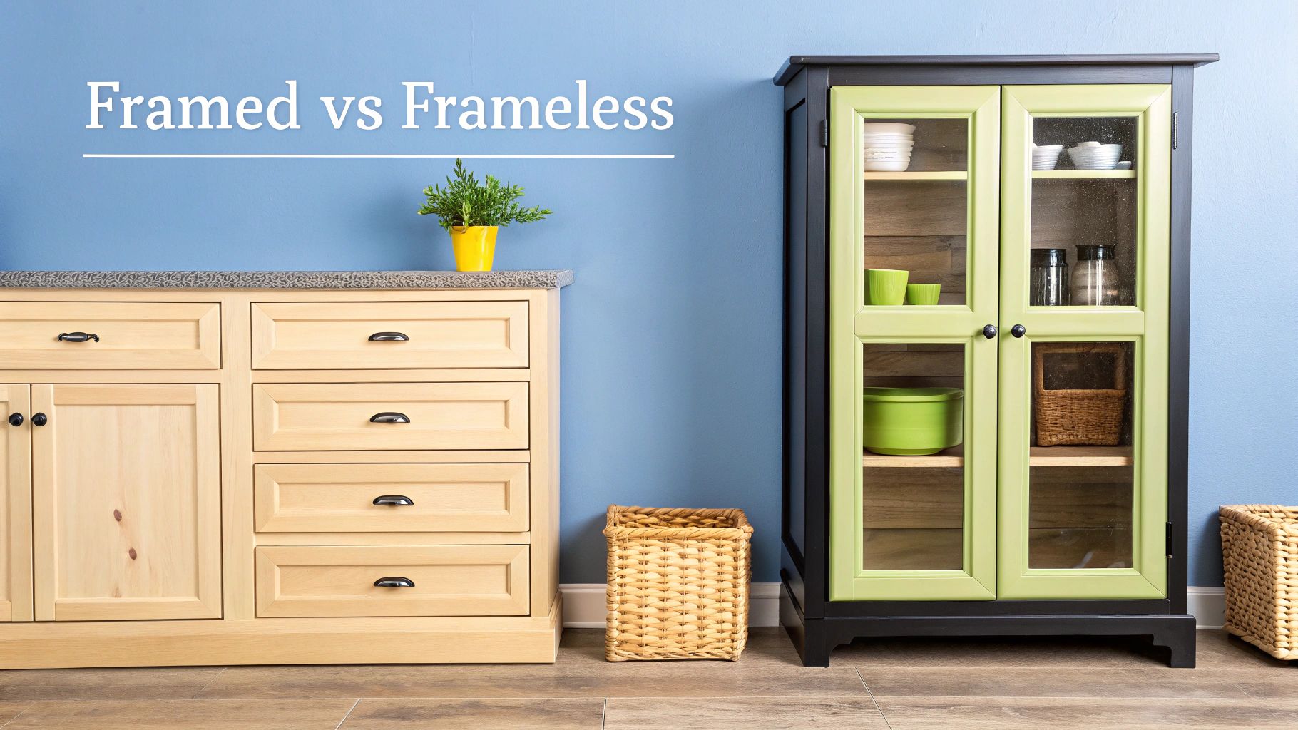 Side-by-side comparison of a light wood framed kitchen cabinet and a green frameless display cabinet.