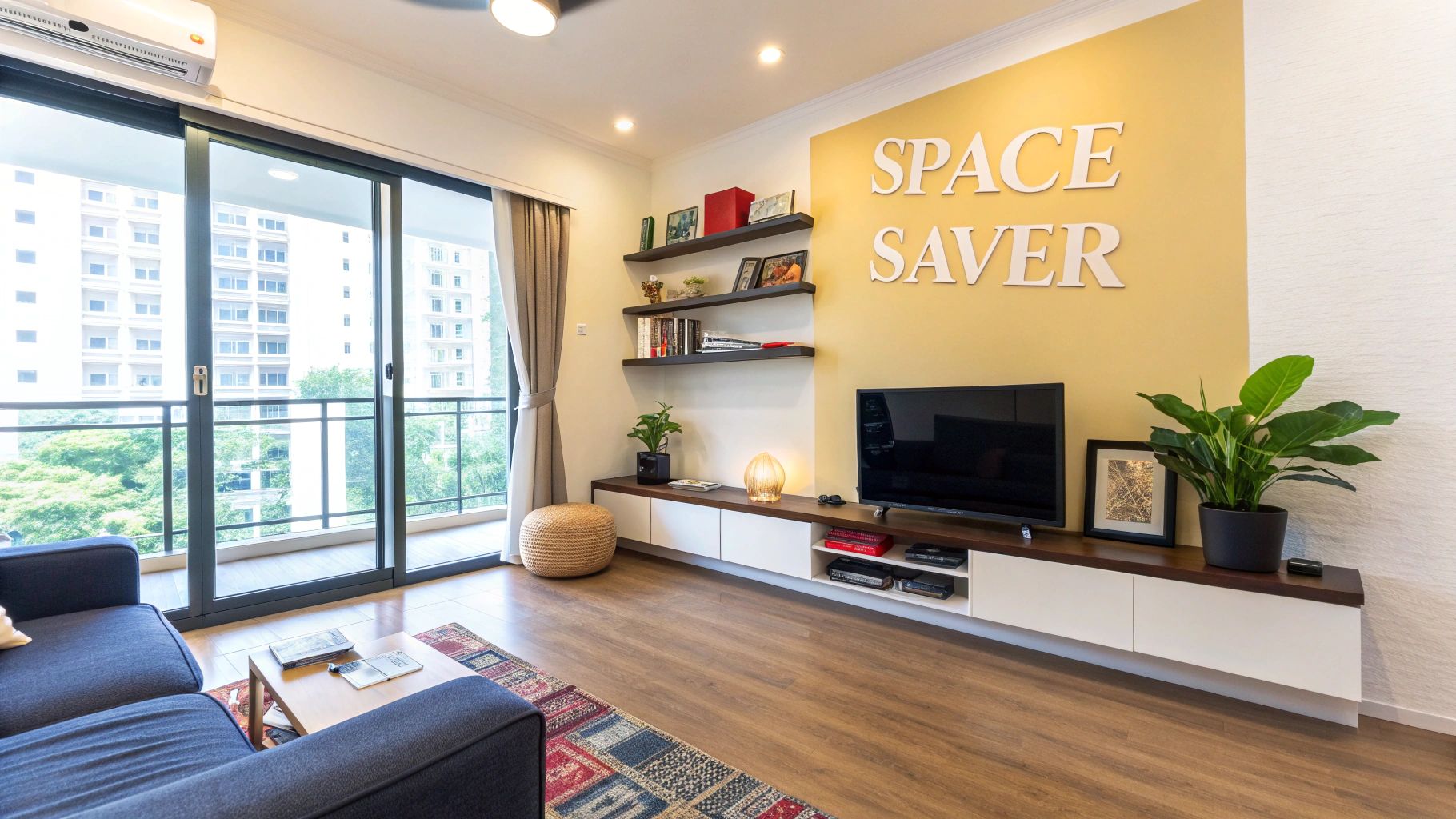 A modern living room with a blue sofa, floating shelves, TV, and a balcony overlooking city buildings.